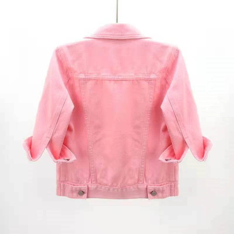 2024 New Women Spring Autumn Denim Jacket Tops Pink Color Solid Short Multicolor Feminino Three Quarter Sleeve Jean Jacket Good Vibrations