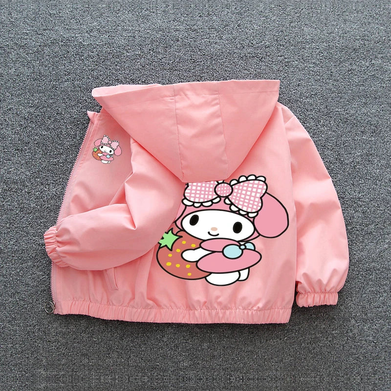 Kuromi Melody Girls Windbreaker Jacket 2024 New Spring Autumn Kid Fashion Cartoon Zipper Hooded Coat Teen Clothing Birthday Gift Good Vibrations