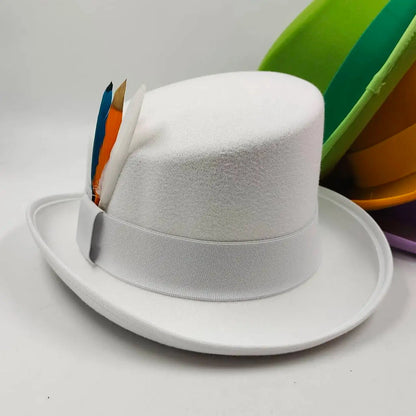 New High Quality Man Fedora Unisex Gentleman Cosplay Derby Bowler Hat British Shape Hat Autumn Magic Hat Feather Accessories Good Vibrations