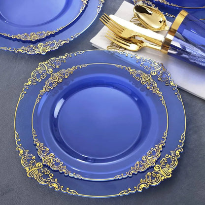 175PCS Blue Gold Plastic Plates Sets, Include 25Dinner Plates, 25Dessert Plates, 25Cups, 25Forks, 25Knives, 25Spoons, 25Napkins Good Vibrations