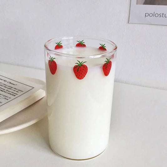 300ml Strawberry Cute Glass Cup With Straw Creative Transparent Water Cup Student Milk Heat Resistant Glass Nana Good Vibrations