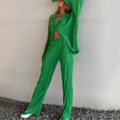 New Two Piece Set Women Outfits Pleated Women's Elegant  Drape Loose Sets Shirt High Waist Trousers Female Suit Fashion Casual Good Vibrations