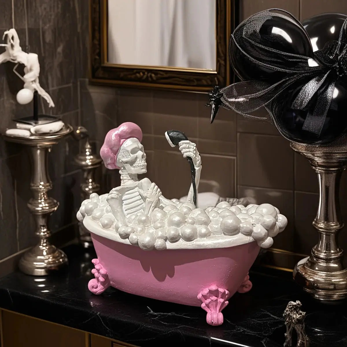 Pink Bathtub Ghost Decor - Cute Gothic Skeleton Resin Figurine, Spooky Halloween Ornament for Bathroom Good Vibrations