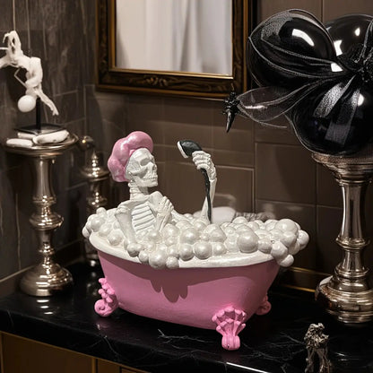 Pink Bathtub Ghost Decor - Cute Gothic Skeleton Resin Figurine, Spooky Halloween Ornament for Bathroom Good Vibrations