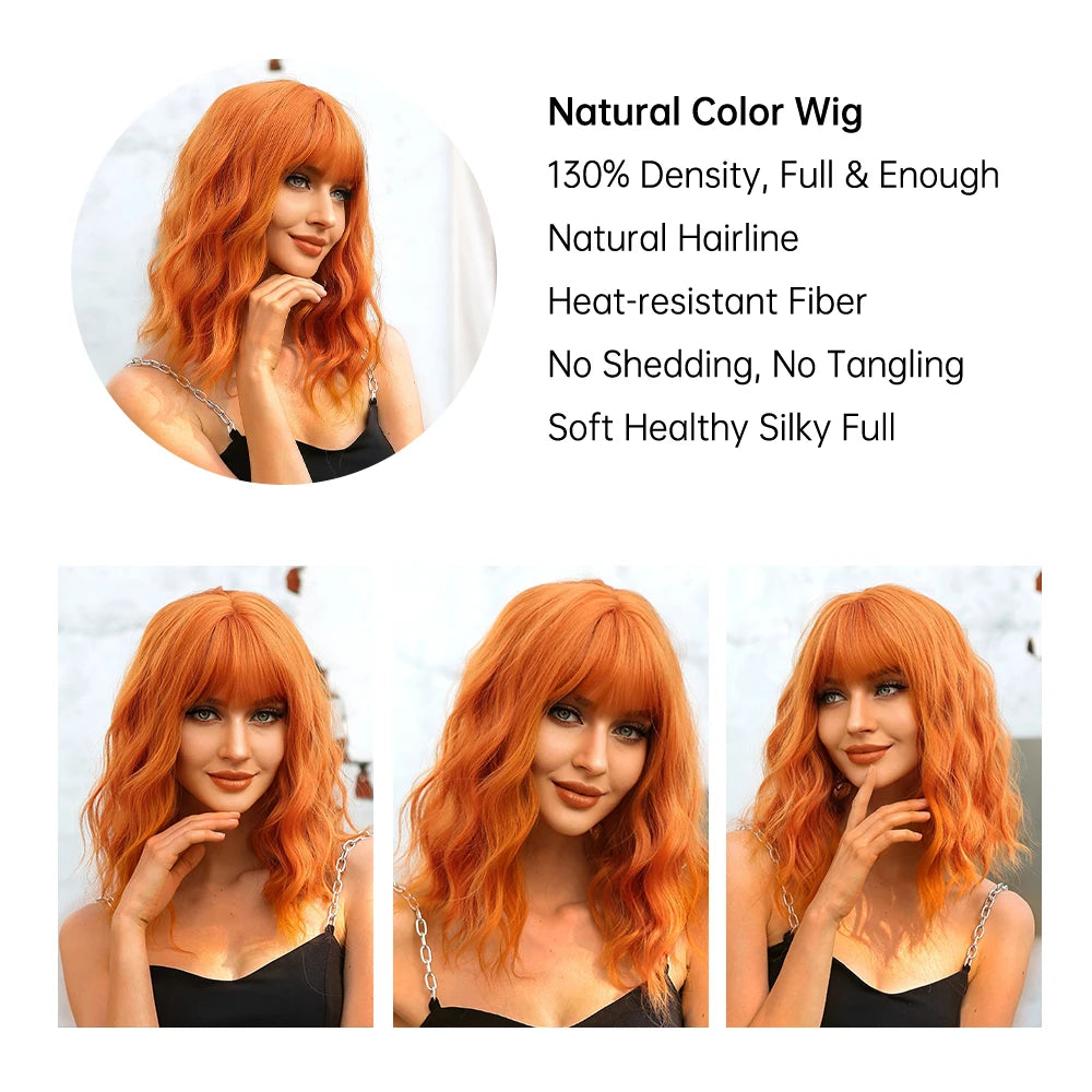 Synthetic Orange Cosplay Wig with Bangs for Women Shoulder Long Curly Copper Ginger Wigs Natural Heat Resistant Halloween Hair Good Vibrations