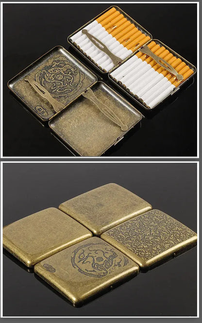 Retro brass cigarette box case with intricate design, storage for cigarettes and tobacco.