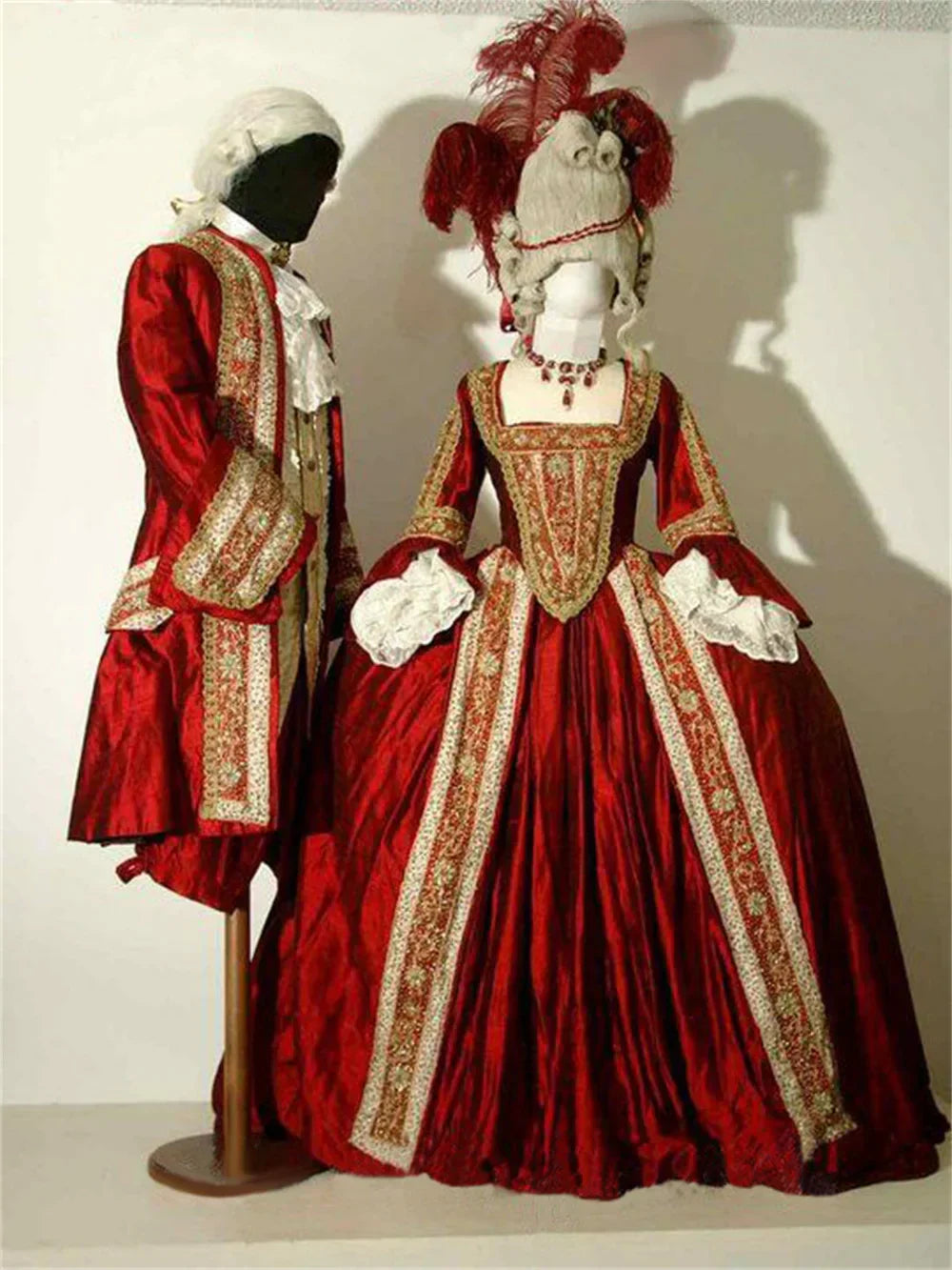 18th century red velvet French Rococo costume set with detailed gold embroidery for men and women