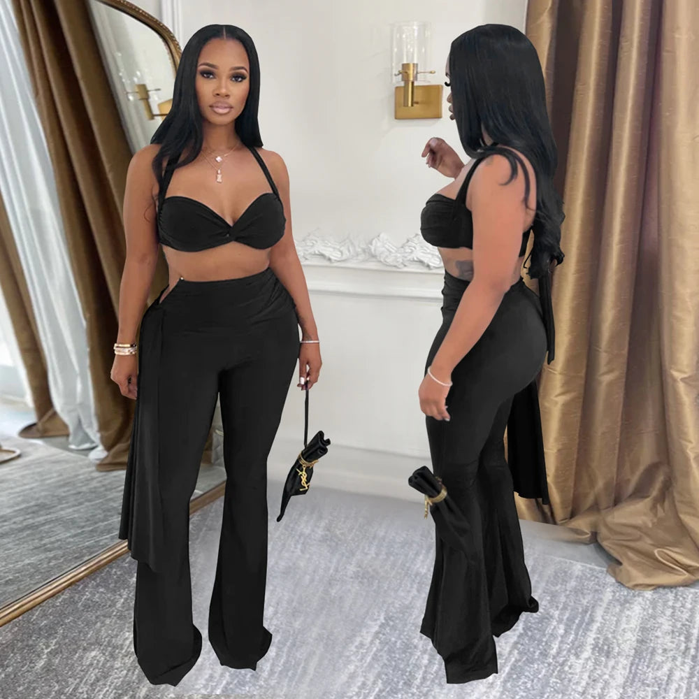 Sexy Women Outfits Twist-Front Crop Top and Long Straps Wide Leg Pants Sets Ruched Metal Tracksuits Sets Chic Night Out Overalls Good Vibrations