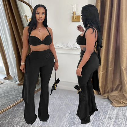 Sexy Women Outfits Twist-Front Crop Top and Long Straps Wide Leg Pants Sets Ruched Metal Tracksuits Sets Chic Night Out Overalls Good Vibrations