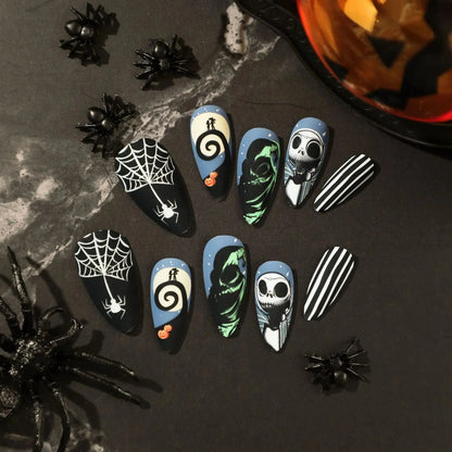 24PCS Matte Green Halloween Press-On Nails - Black/White Skulls & Spider Web Almond Medium Length Coverage Nail Art Kit Good Vibrations