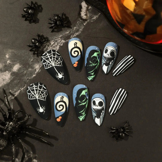 24PCS Matte Green Halloween Press-On Nails - Black/White Skulls & Spider Web Almond Medium Length Coverage Nail Art Kit Good Vibrations