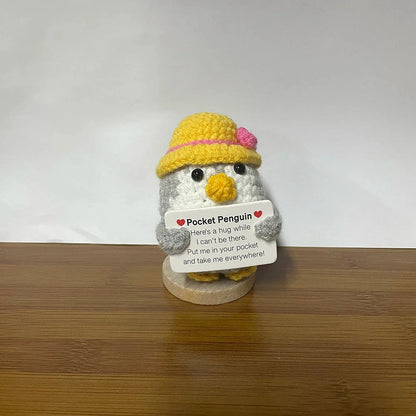 Crochet Energy Penguin Hug Pocket Mini Hand-woven Plush Wool Knitting Doll with Card Funny Christams Gift Home Room Decoration Good Vibrations
