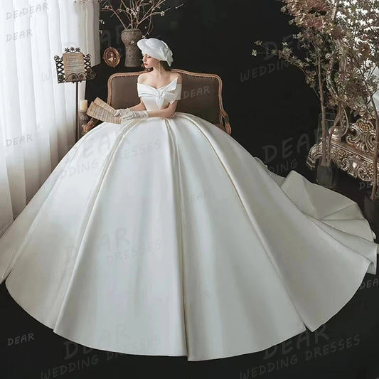 Modern Pleat Satin Wedding Dresses Women's A Line Sexy Off Shoulder Bridal Gowns Backless Lace Up Elegant Vestidos Customized Good Vibrations