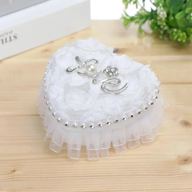 Ring Box Heart Wedding Lace Holder Pillow Ceremony Pillows Jewelry Bearer White Shape Boxes Pearl Rhinestone Case Love Proposal Good Vibrations