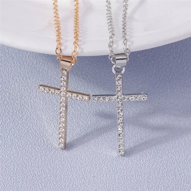 Fashion Cross Necklace for Women Men Gold Silver Color Dazzling Crystal Jesus Crucifix Necklace Christian Jewelry Wholesale Good Vibrations