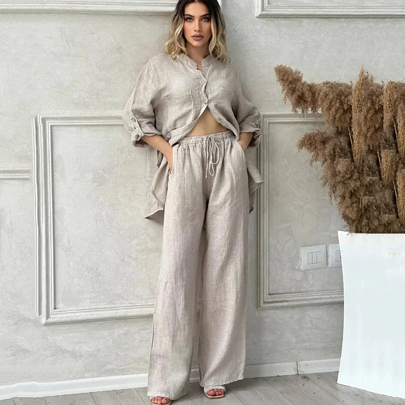 Women Two Piece Sets Spring Autumn Casual Long Sleeve Pocket Shirts 2 Piece Set Fashion Loose Wide Leg Pants OL Work Suit Outfit Good Vibrations