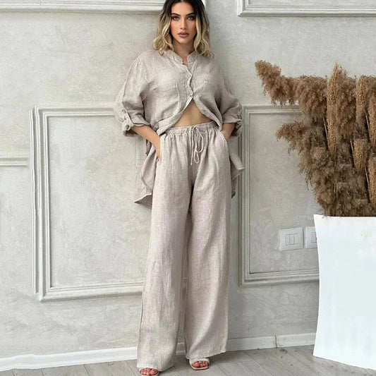 Women Two Piece Sets Spring Autumn Casual Long Sleeve Pocket Shirts 2 Piece Set Fashion Loose Wide Leg Pants OL Work Suit Outfit Good Vibrations