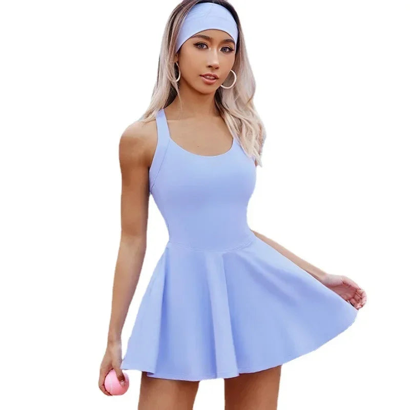 Women Tennis Dress One-Pieces Slim Fit Soft Sports Sets Golf Badminton Skorts Back Cross Tracksuits With Chest Pads Yoga Suits O Good Vibrations