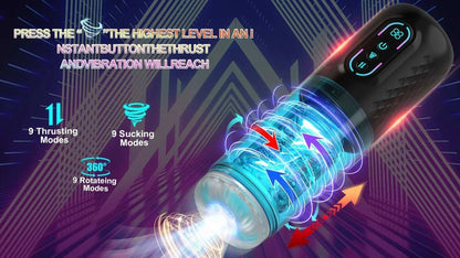 Automatic telescopic male masturbator cup with thrusting, sucking, and rotating modes.