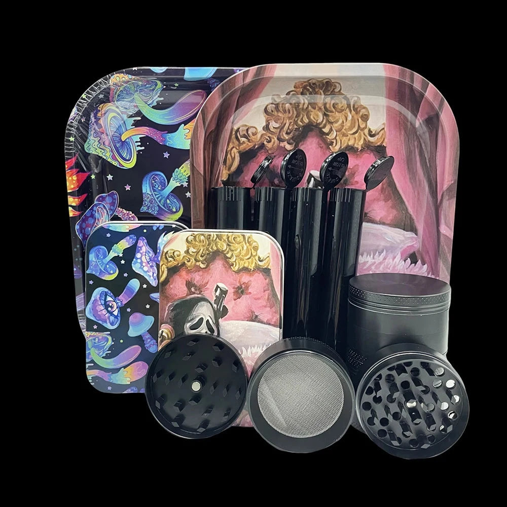 5 Packs Tobacco Metal Rolling Tray Kit 50mm Grass Grinder Crusher Smoke Herbal Set 115mm Plastic Cigar Storage Tube Container Good Vibrations Adult Super Store