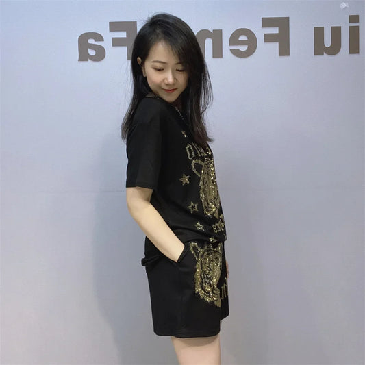 2026 Spring 2 Piece Sets Womens Outfits Cartoon Pattern Diamonds Black Tracksuit Casual Knitting O Neck Tops and Shorts Suits