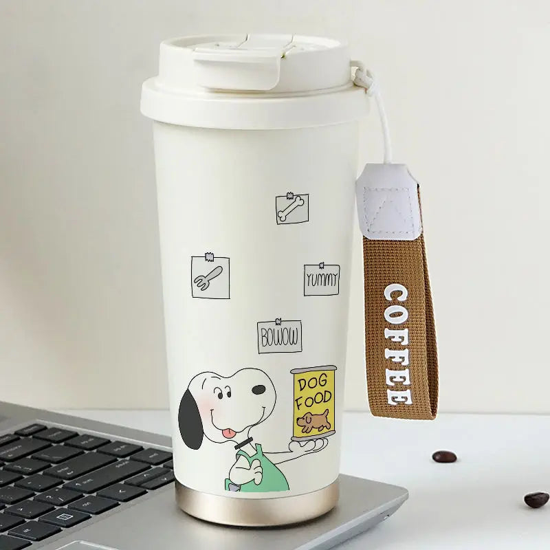 Cartoon Cute Snoopy Anime Peripheral Thermos Cup Women's Heart Stainless Steel Large Capacity Coffee Cup Straw Water Cup Gift Good Vibrations