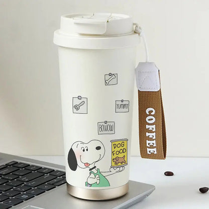 Cartoon Cute Snoopy Anime Peripheral Thermos Cup Women's Heart Stainless Steel Large Capacity Coffee Cup Straw Water Cup Gift Good Vibrations