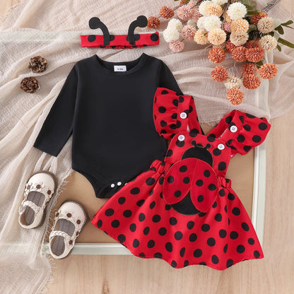 FOCUSNORM 3pcs Lovely Baby Girls Autumn Clothes Sets Flying Sleeve Solid/Striped Romper Embroidery Suspender Dress Headband Good Vibrations