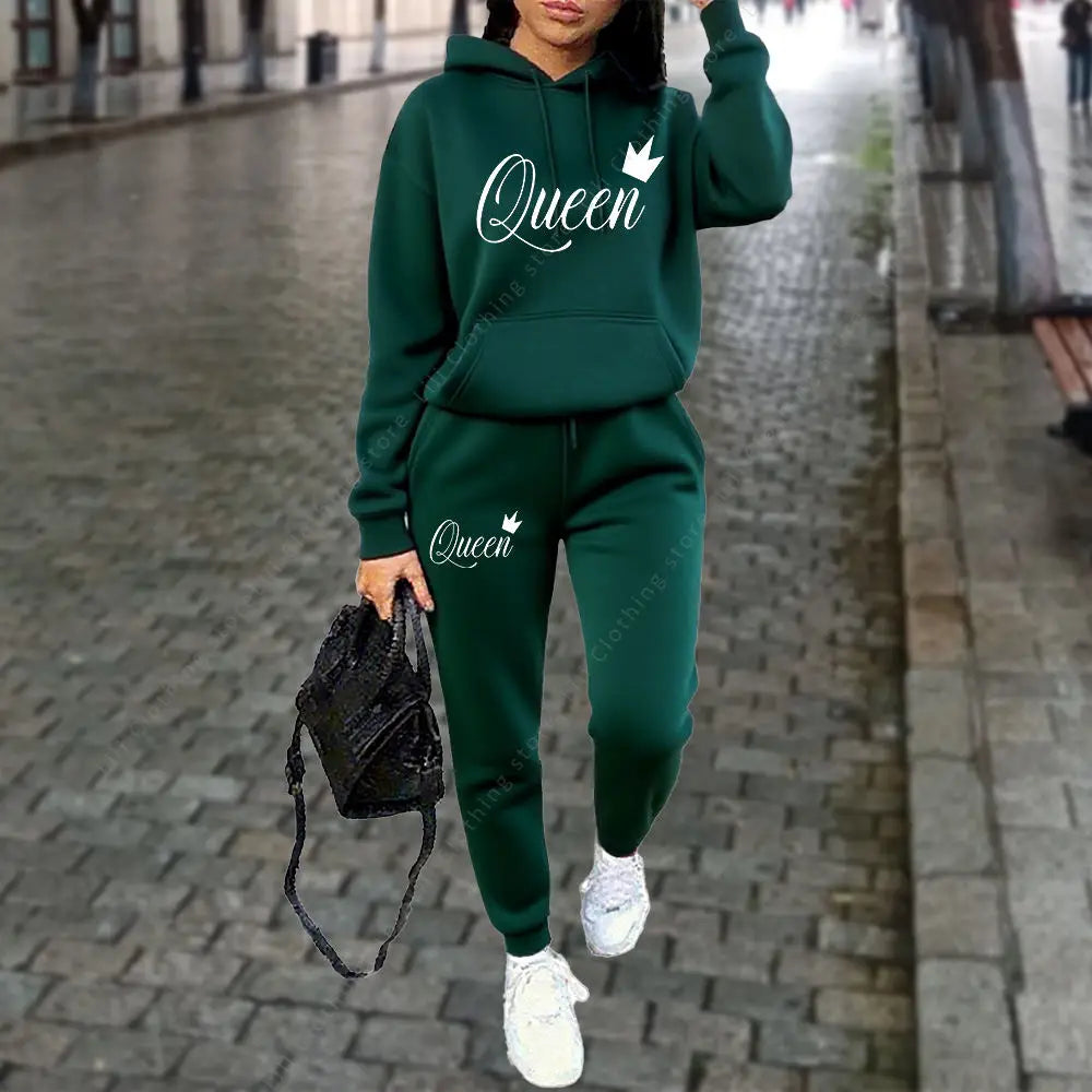 Queen Letter Graphic Print Women's Sets Hoodies Pants 2pcs Suit Autumn Winter Sports Jogging High quality Aesthetic Tracksuit Good Vibrations
