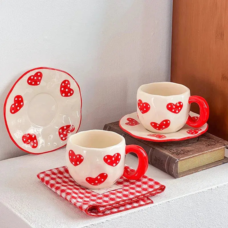 340ML Hand-painted Flower Love heart Ceramic Coffee Cup with Saucer Home Office Water Cup Breakfast Milk Juice Teacup Gift Set Good Vibrations