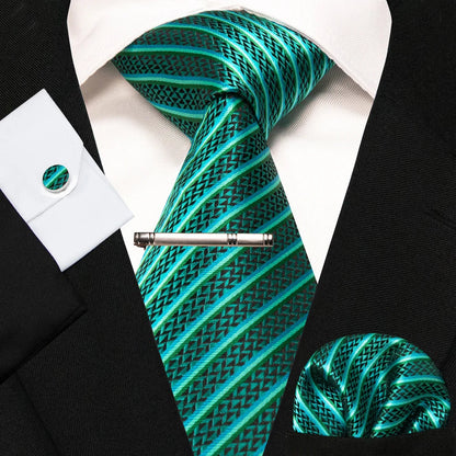 8cm Silk Mens Ties Green Black Ties plaid stripe NeckTie Pocket Square Cufflinks Tie clips Set Men's Wedding business Party Tie Good Vibrations