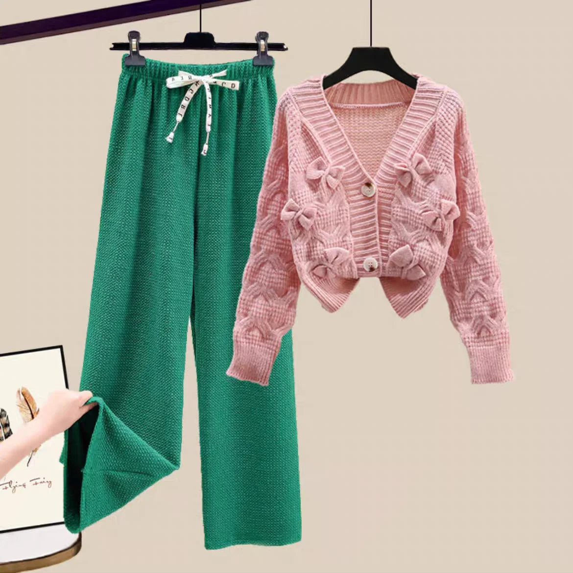 Two Piece Set For Women New In Sweater Matching Sets Korean Sweet Bow Outfit Long Sleeve Cardigan Knitwear Wide Leg Pants Set Good Vibrations