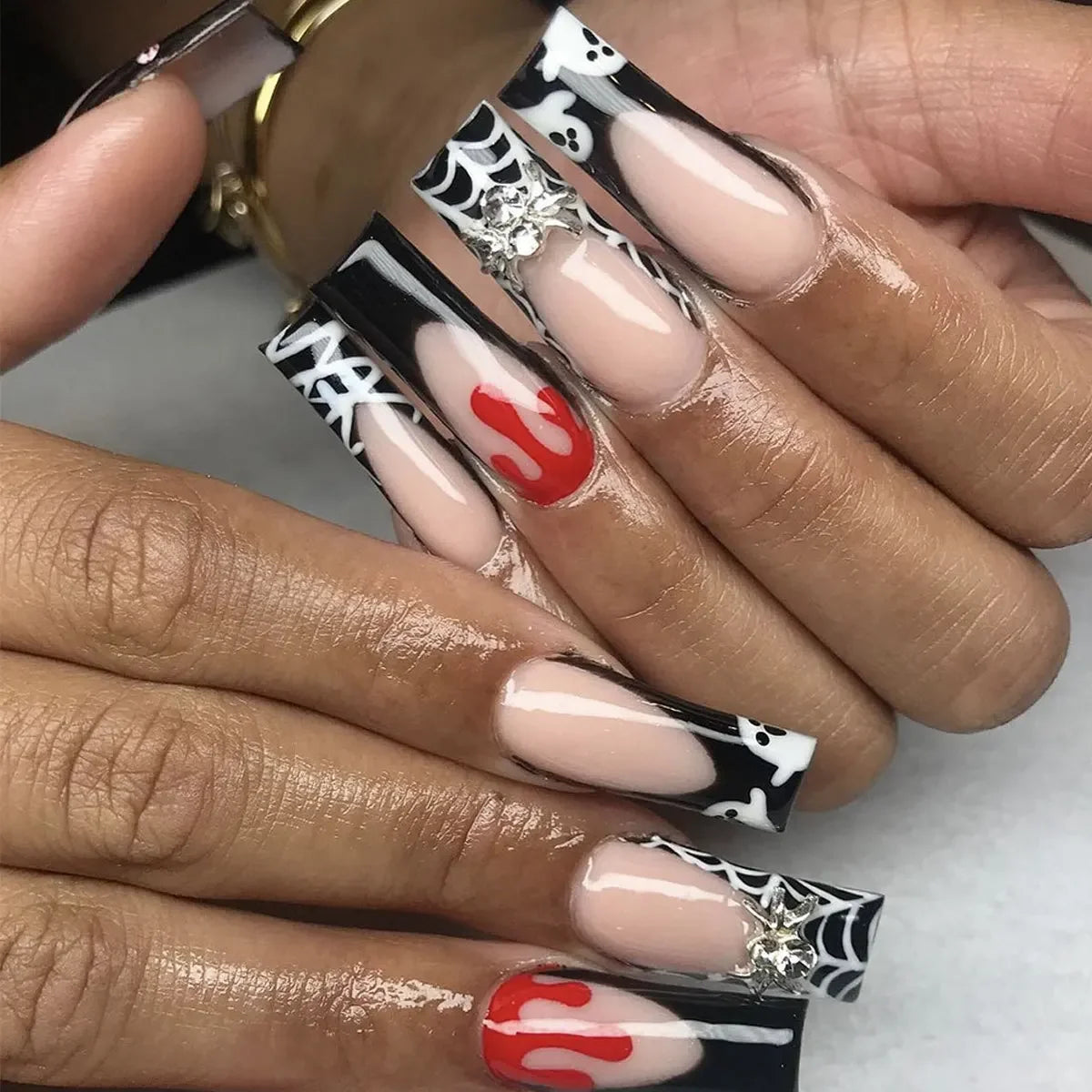 24Pcs Long Coffin French False Nails with Glue Bow Diamond Stick on Press on Acrylic Nails Black Ballerina Nail Art Manicure Tip Good Vibrations