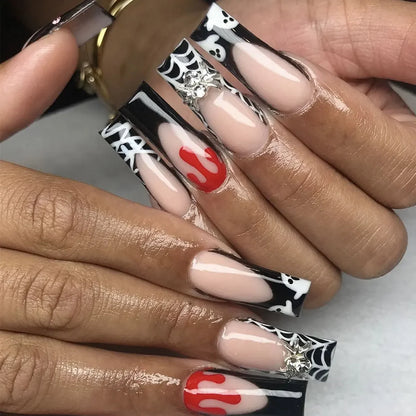 24Pcs Long Coffin French False Nails with Glue Bow Diamond Stick on Press on Acrylic Nails Black Ballerina Nail Art Manicure Tip Good Vibrations