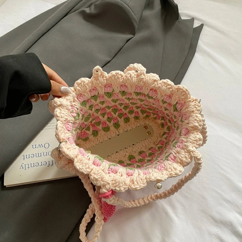 Crochet Crossbody Bag for Women Girl Handmade Color Block Handbag Lightweight Casual Summer Daily Purse Good Vibrations