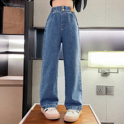 New 2024 Teenage Girls Blue Street Cartoon Print Elastic Mid Waist Loose Denim Jeans Spring Fashion Children Cute Wide Leg Pants Good Vibrations