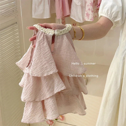 Girls Casual Dresses Summer New Children Clothing Sweet Vest Baby Cake 2024 Round Collar Fashion Soild Sweet Pink Good Vibrations