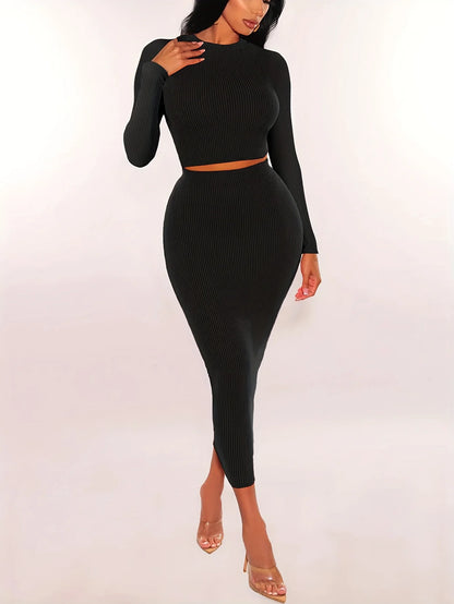 Women Skirts Set Long Sleeve Crop Tops Dress Two Piece Solid Color Skinny Bodycons Outfits Suits Knitted Slim Clothing