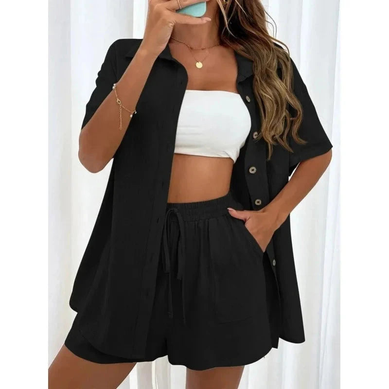Fashion Black Short Sleeve Shirt And Shorts Two Piece Sets Women 2025 Summer Cotton Linen Casual Home 2 Piece Sets Women Outfit Good Vibrations