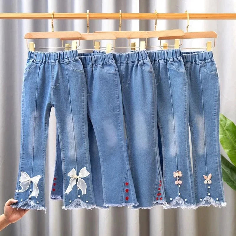Kids Girls Jeans Pants for 2024 New Spring Autumn Long Flared Jeans Children's Pants 4-10Yrs Girls Cowboy Pants Trousers Good Vibrations