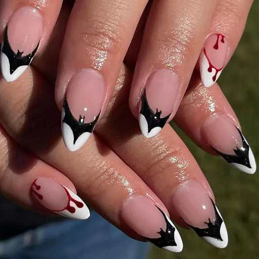 24Pcs Halloween False Nails with Almond Head Design Mid-length French Fake Nails Bat Wearable Oval Press on Nails Manicure Tools Good Vibrations