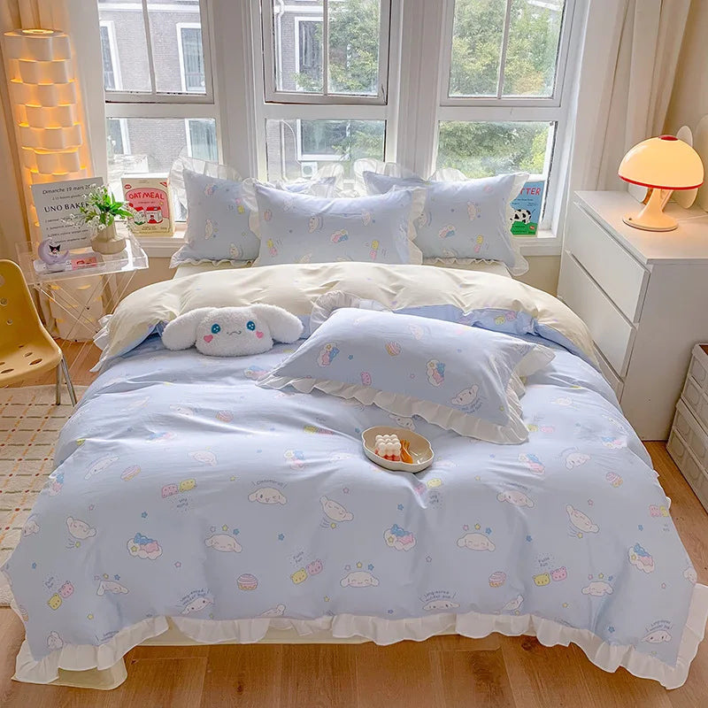 Sanrio Kids Bedding Set Kuromi Cinnamoroll Mymelody Duvet Cover Bed Sheet Pillowcase Bedsheet Double Single King Queen Twin Size Good Vibrations