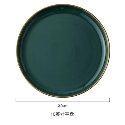 Green Ceramic Gold Inlay Plate Steak Food Plate Nordic Style Tableware Bowl Ins Dinner Dish High End Porcelain Dinnerware Set Good Vibrations
