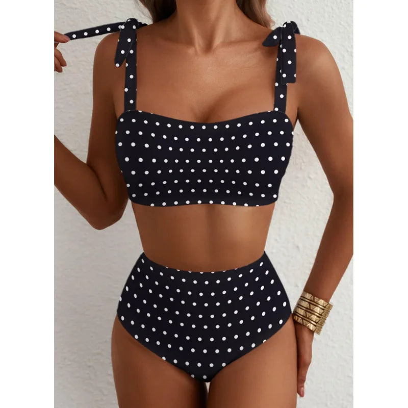 Women's 2026 Two Piece Bikini Set Striped High Waist Tie Shoulder Swimsuit Summer Beachwear Good Vibrations