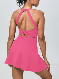 Airy Backless Twisted Cool Touch Dance Active Dress Workout Tennis Dress with Built in Shorts and Bra Golf Exercise Activewear Good Vibrations