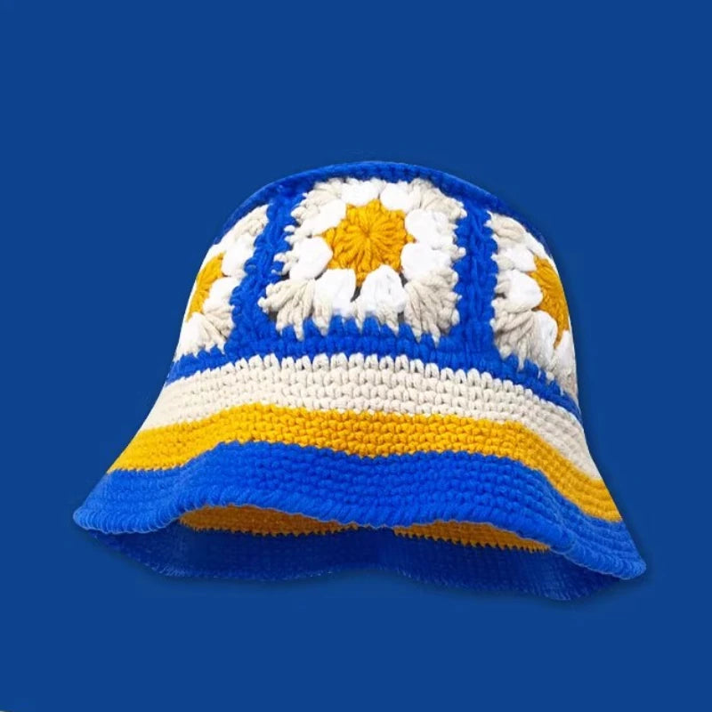 2024 Spring New Crochet Hat Korean Handmade Bucket Hat Women's Weaving Knitted Hat Y2k Fashion Flowers Autumn Winter Ins Beanies Good Vibrations