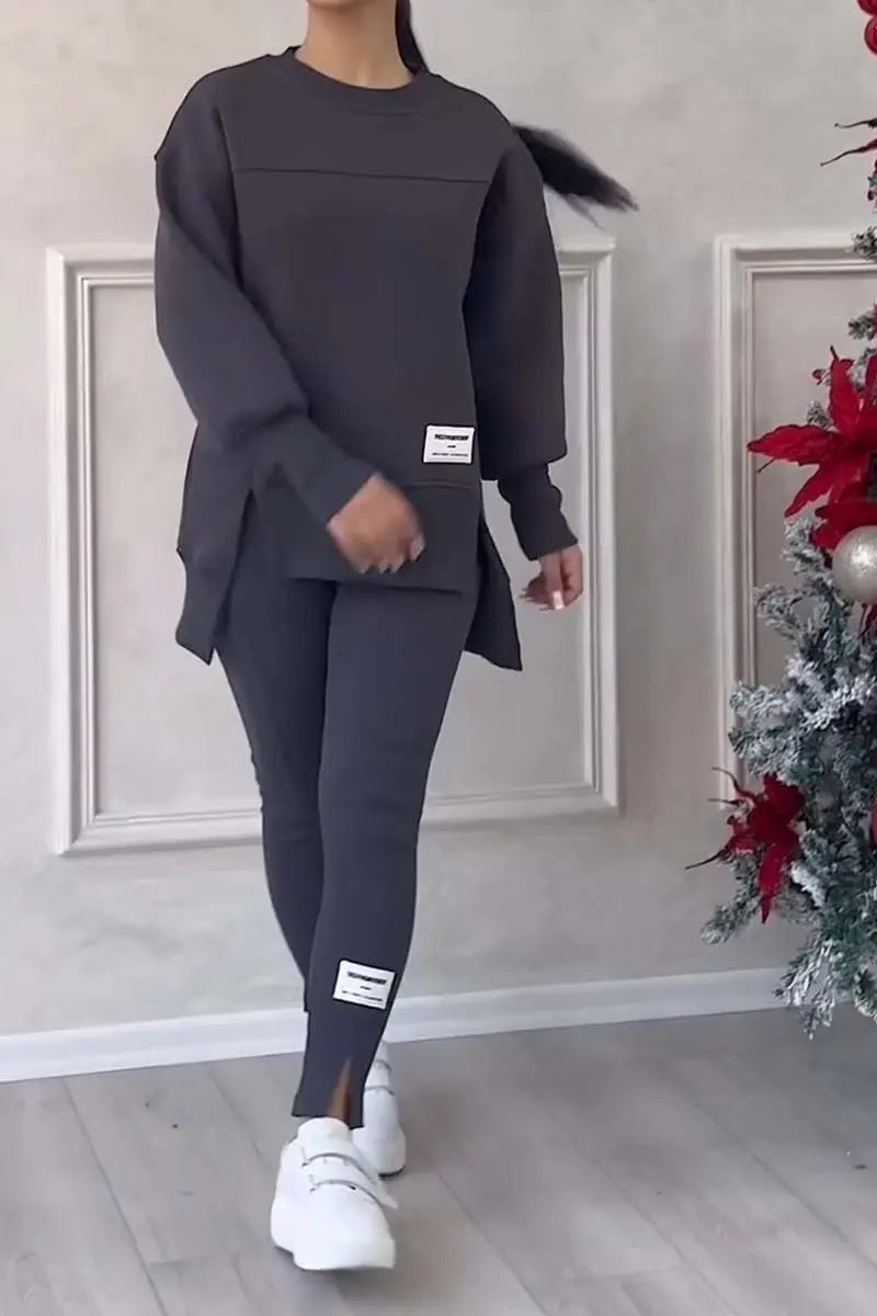 Women's Casual Sweatshirt Sports Set Autumn Winter Fashion Solid Loose Irregular Sweatshirt Top And Slim Trouser Two Piece Sets Good Vibrations