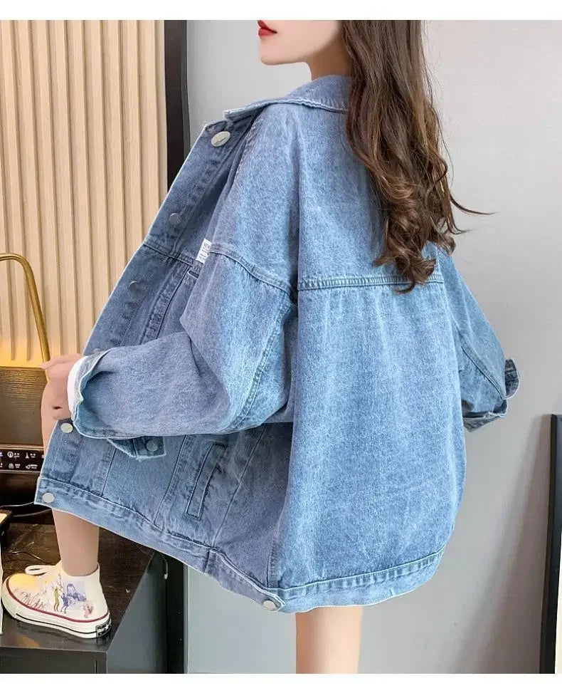 Casual Long Sleeve Denim Shirt Women's Versatile Spring Autumn Wear Multiple Times Outerwear Polyester Fiber Loose Fit Good Vibrations