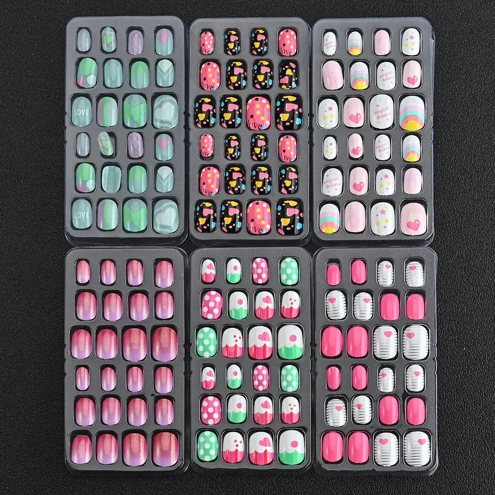 24 Pcs/box Children Cartoon Nail Tips Colorful Artificial Fake Nails for Cute Kids Girls Full Cover Short False Nail Art Kits* Good Vibrations