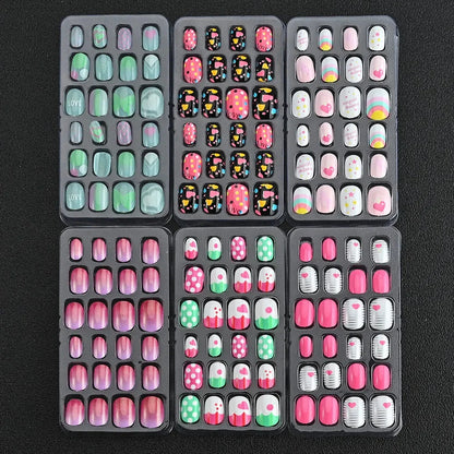 24 Pcs/box Children Cartoon Nail Tips Colorful Artificial Fake Nails for Cute Kids Girls Full Cover Short False Nail Art Kits* Good Vibrations
